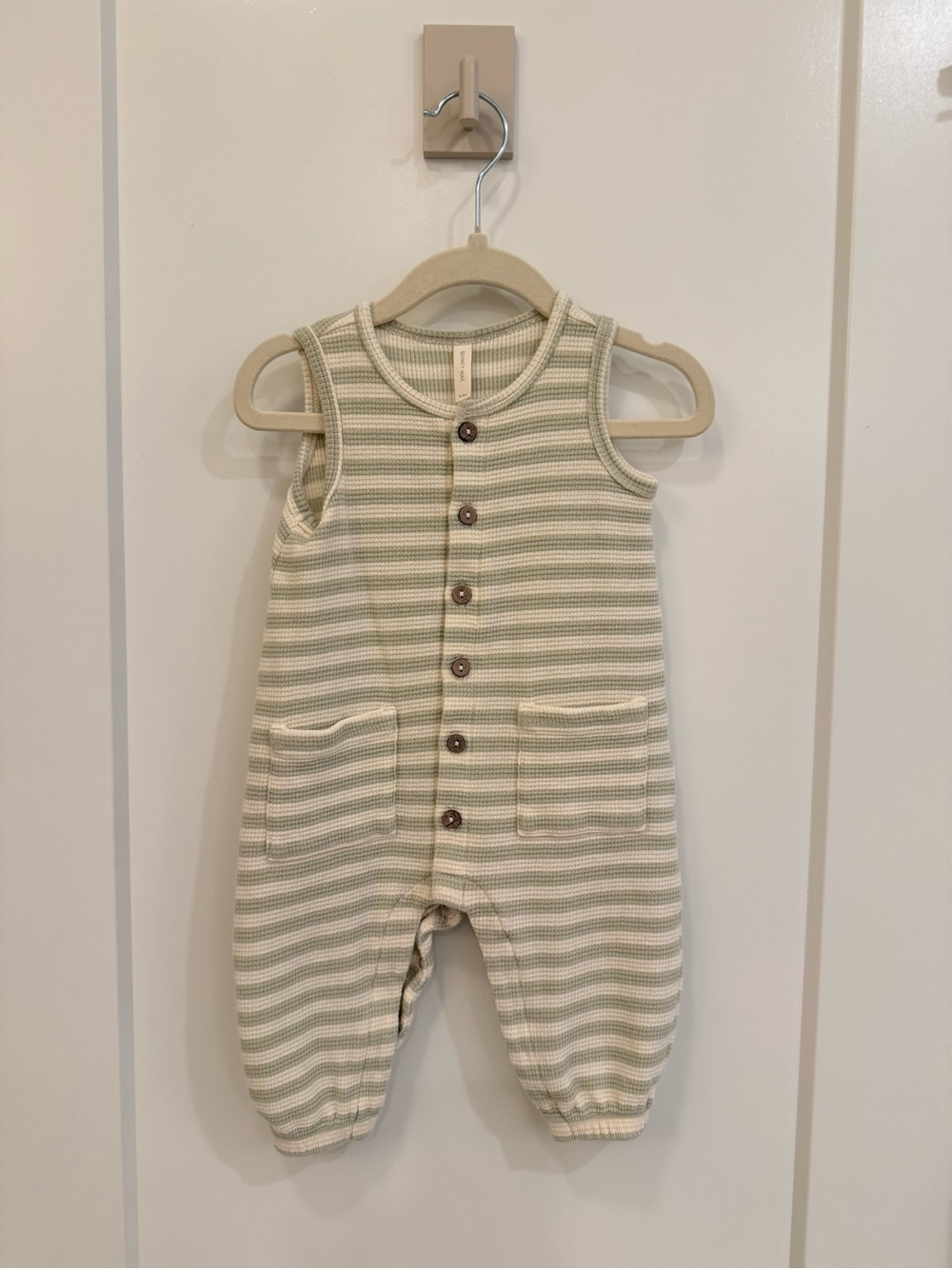 Quincy Mae Striped Green & Cream Sleeveless Baby Romper